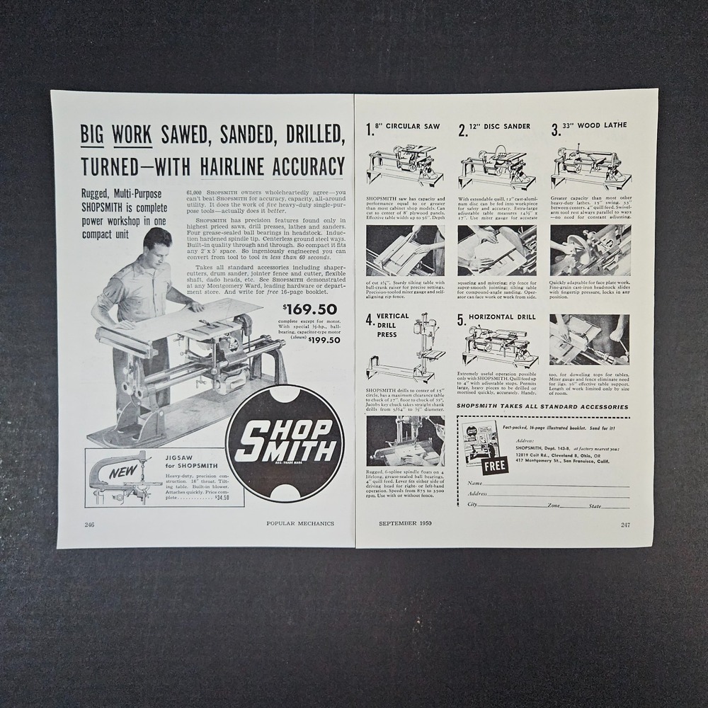 1950 Shopsmith 2-Page Power Tool Vintage Print Ad Cleveland OH Multi-Purpose
